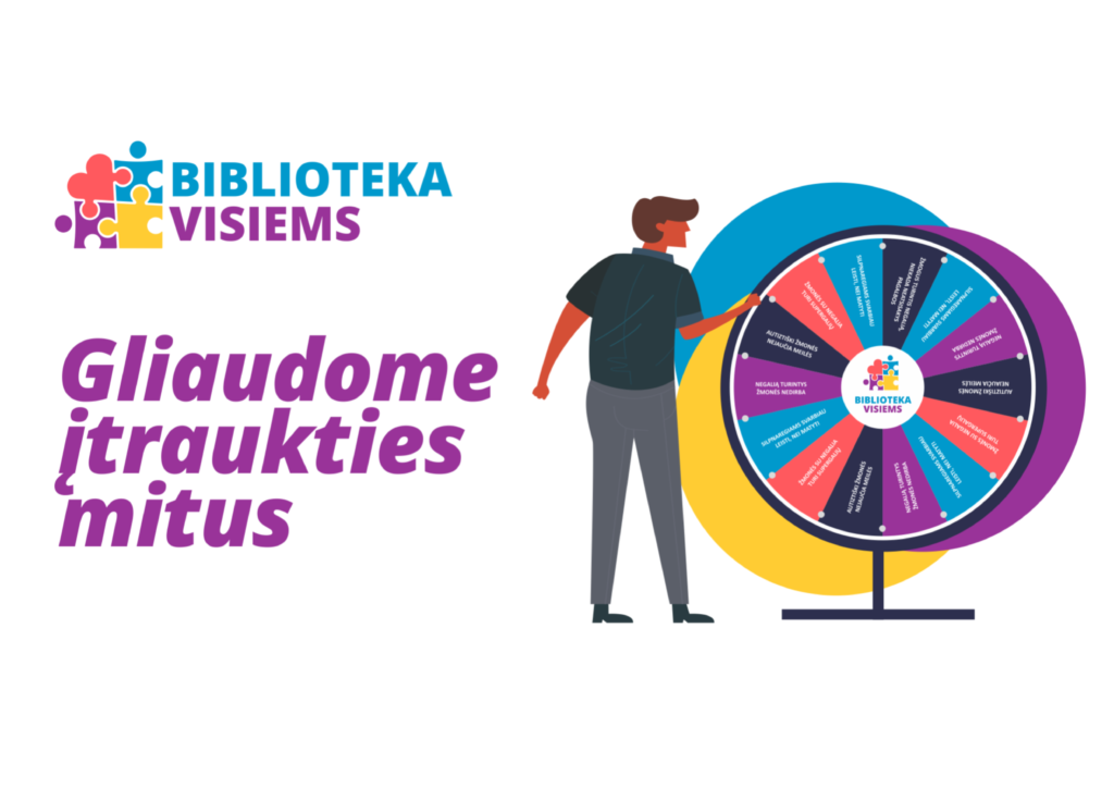 Afiša. Biblioteka visiems. „Gliaudome įtraukties mitus“. Vyras su laimės ratą.